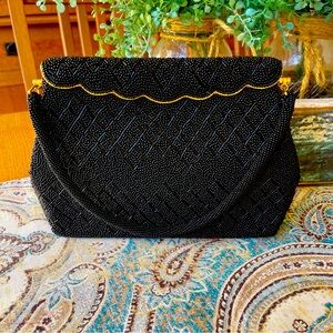 Vintage Black and gold seed bead handbag glass beads, hinged closure mini bag